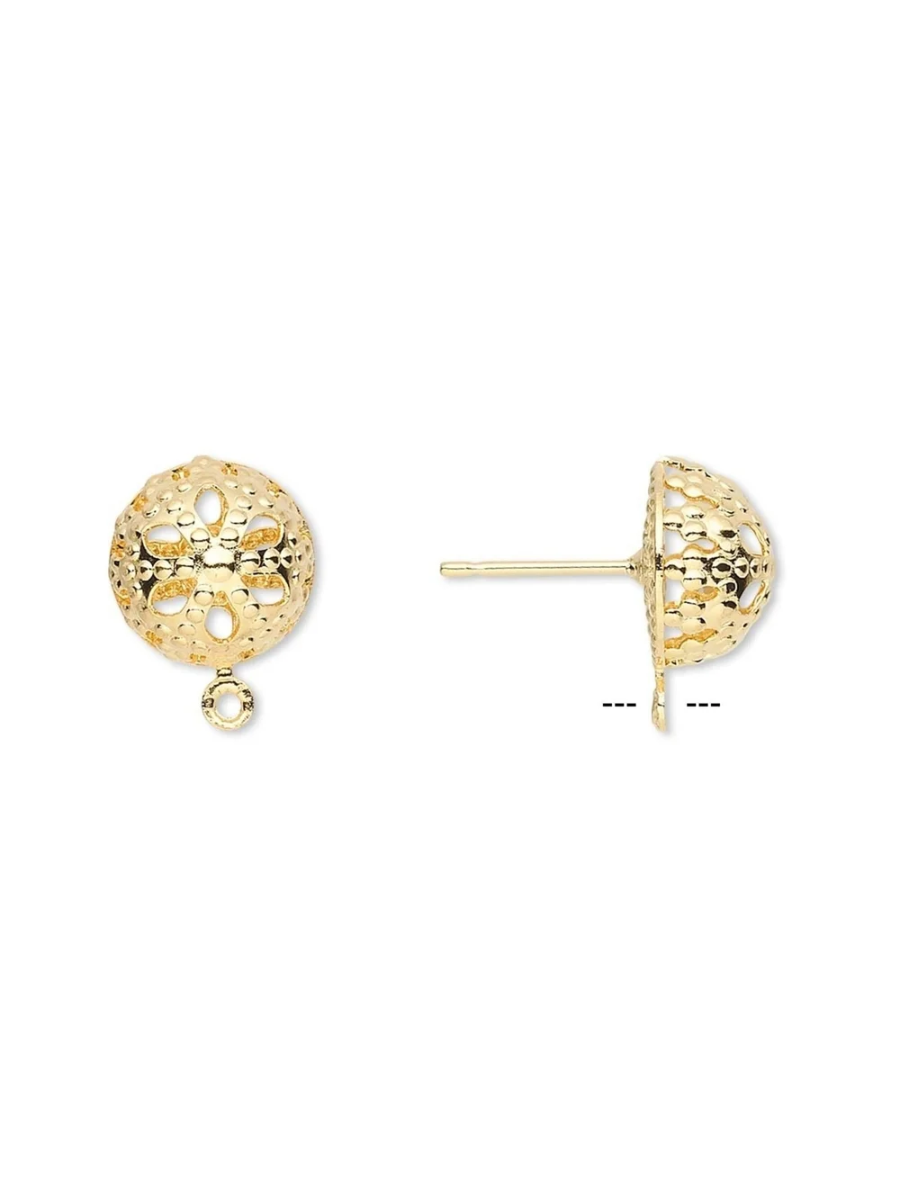 Gold 14K Plated 10mm Filigree Dome & Loop Ear Studs Earring Findings 10 pcs
